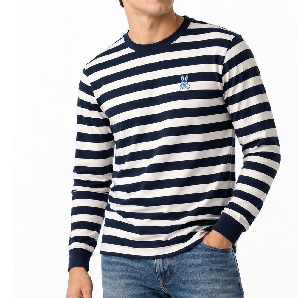 Psycho Bunny Men's Long Sleeve T-Shirt Navy White Striped Size M Crew Neck Logo
